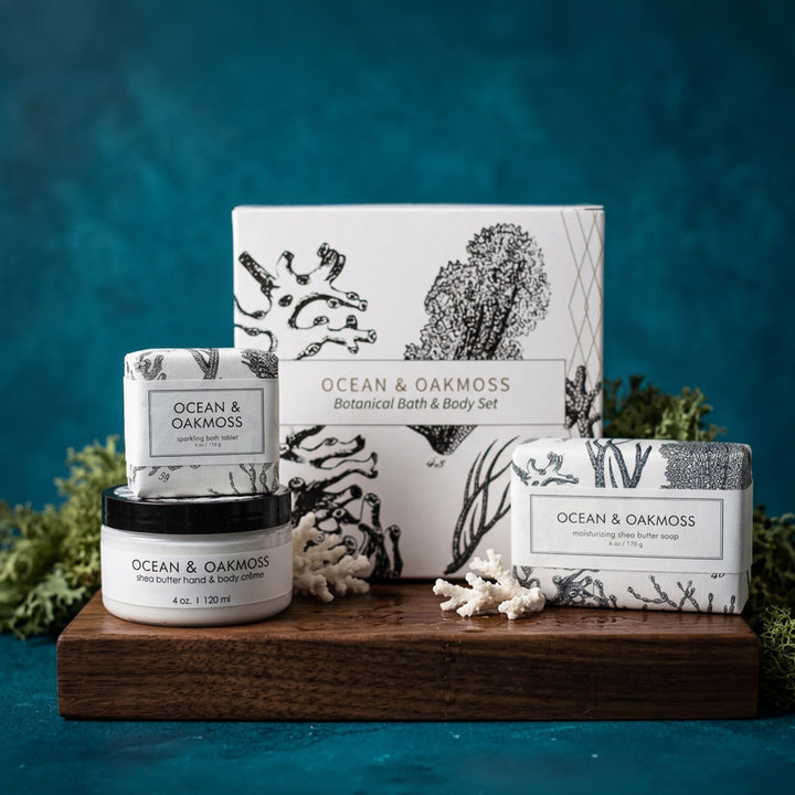 Set de regalo botánico para baño y cuerpo: océano y musgo de roble
